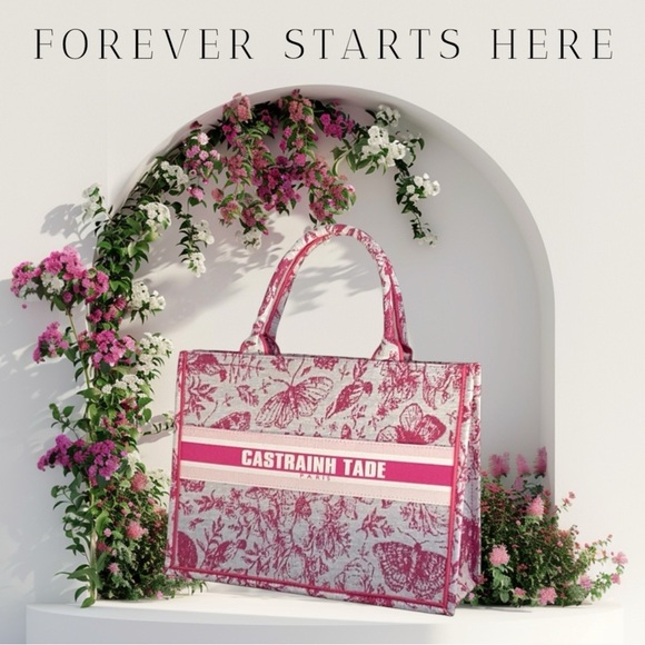 New Medium Pink Embroidery Fabric Tote Book Bag - Picture 3 of 6